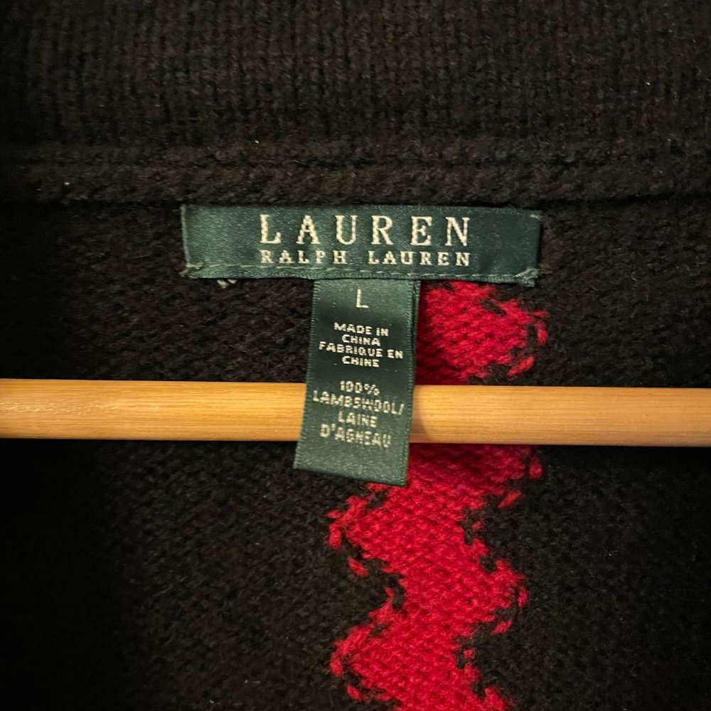 Lauren Ralph Lauren | Red Black Lambswool Aztec Belted Shawl Cardigan L Large - Picture 5 of 8